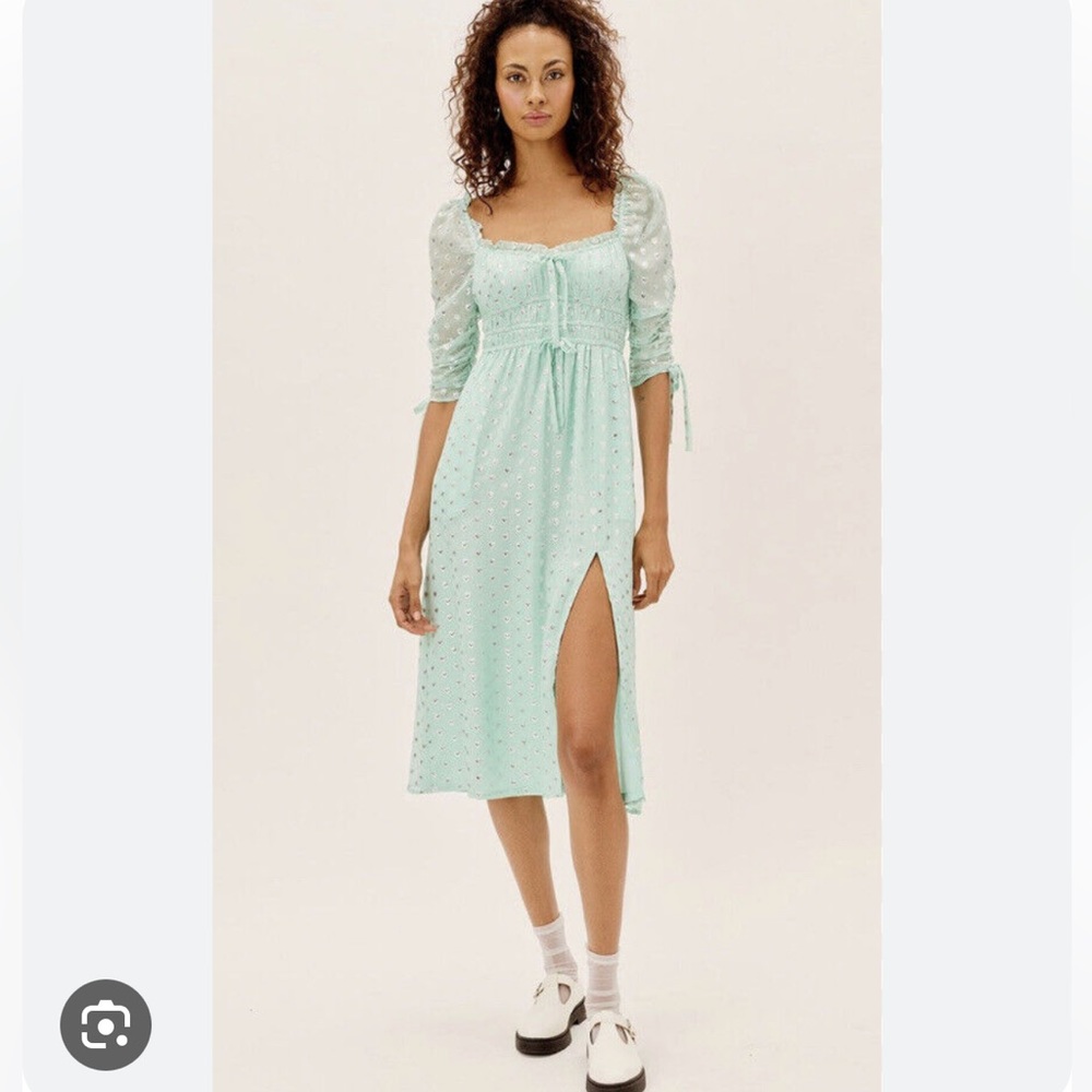 NWT For Love & Lemons Womens Light Green Heart Eden Silk Blend Shift Dress L